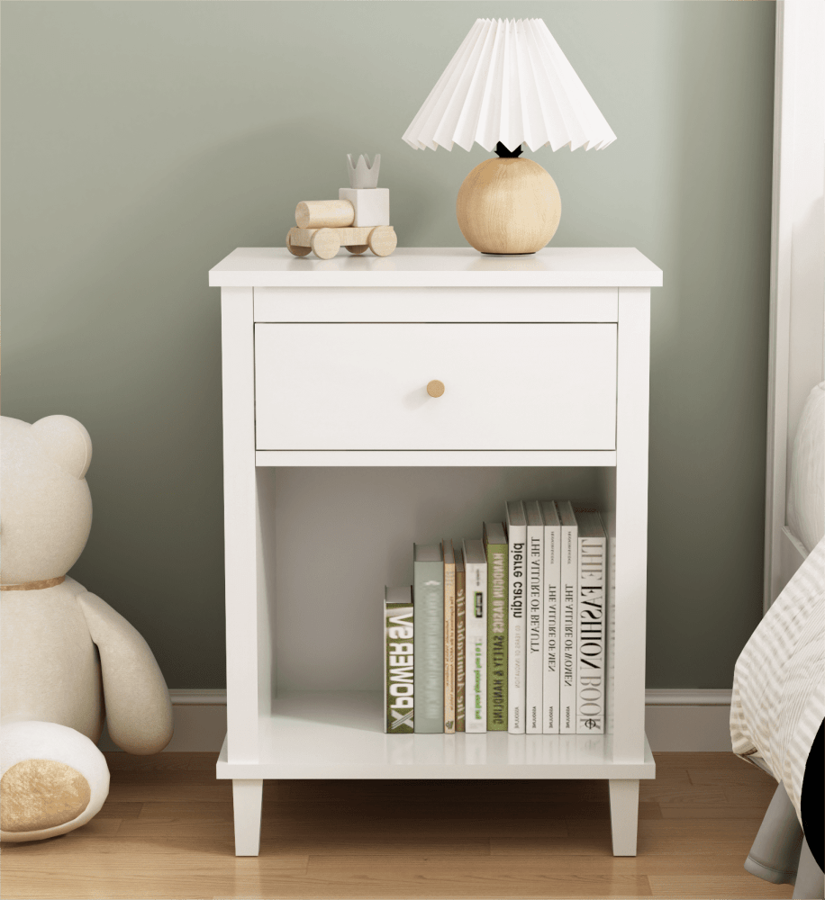 Wooden Nightstand with One Drawer One Shelf, Modern Bedside Tables for Kids, Adults, White