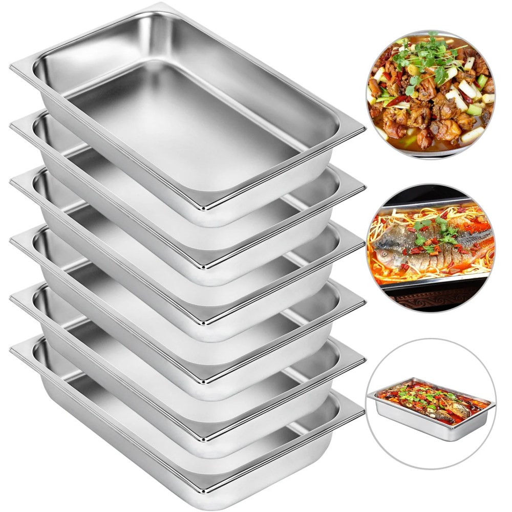 VEVORbrand 6 Pack Hotel Pans 4 inch Deep Steam Table Pan 22 Gauge, Stainless Steel 20.8"x 12.8" Full Size Hotel Pan, Electric Buffet Servers
