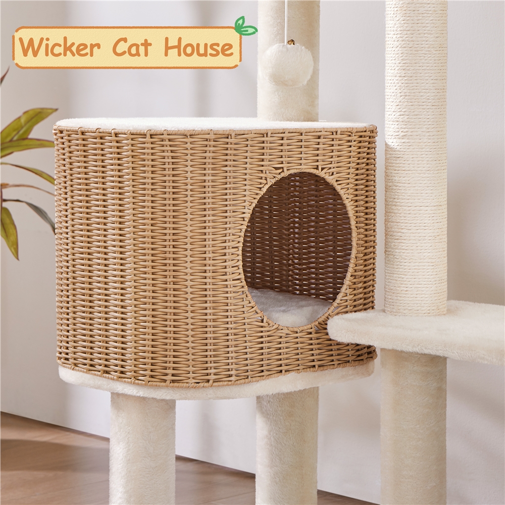 Yaheetech 35.8" Tall Rattan Cat Tree with Woven Condo and Nest, Beige - Image 2