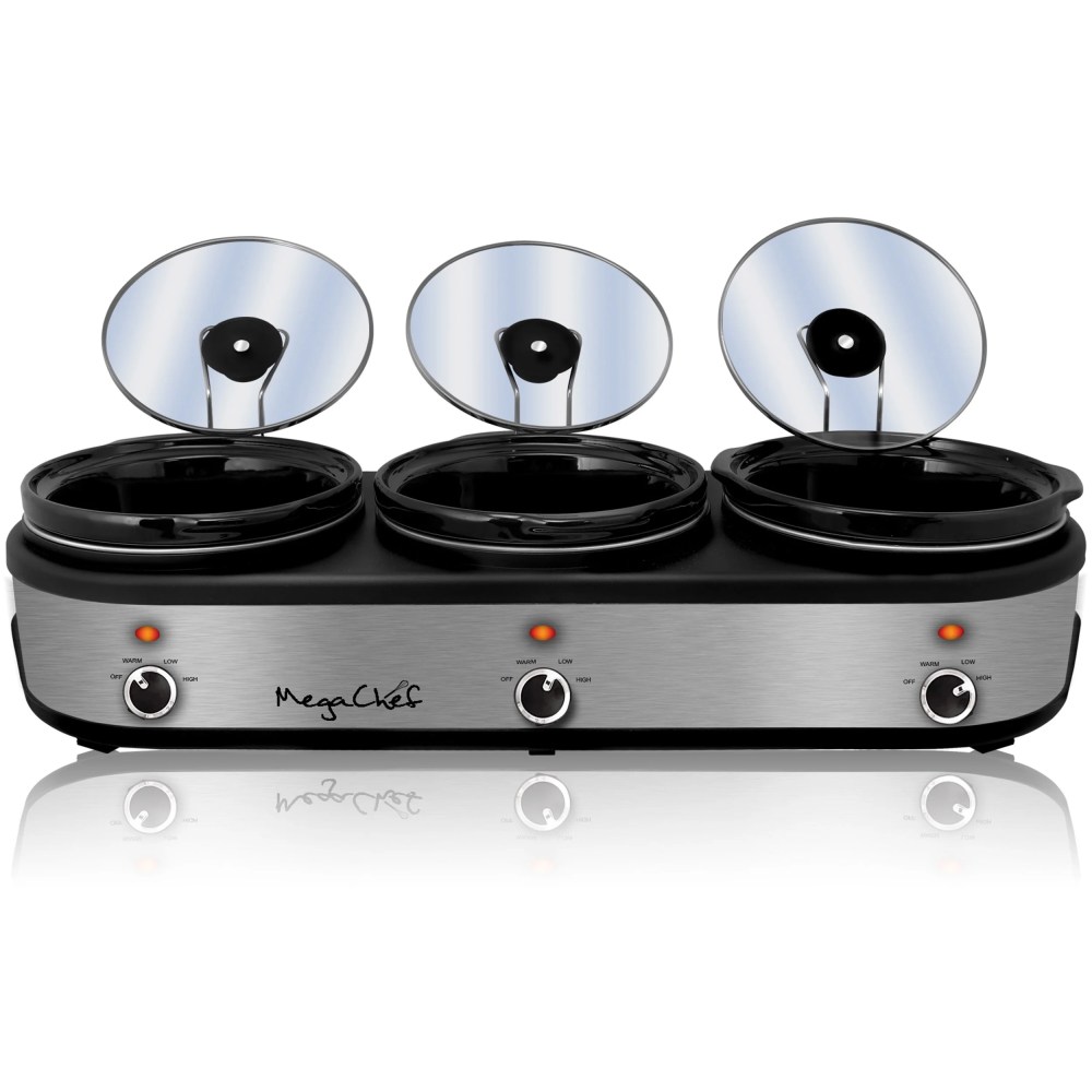 MegaChef Triple 2.5 Quart Slow Cooker and Buffet Server in Brushed Silver and Black Finish with 3 Ceramic Cooking Pots and Removable Lid Rests - Image 9