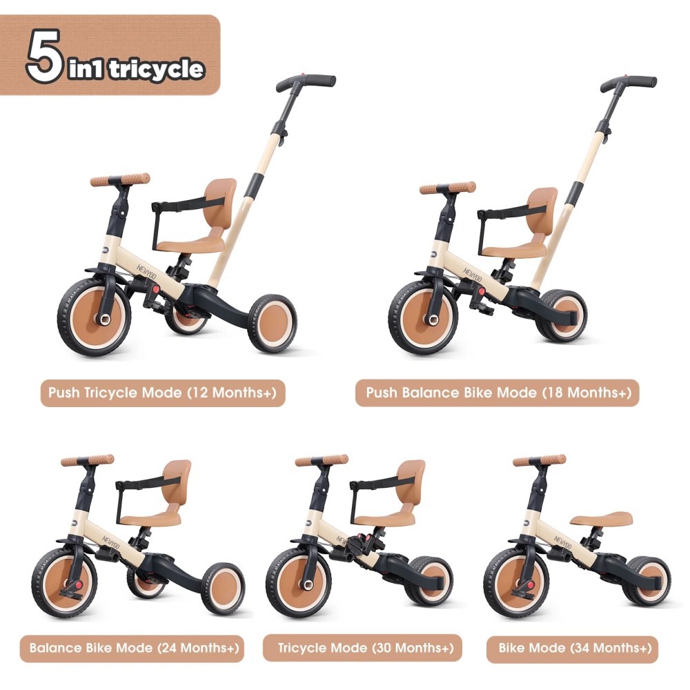 newyoo Toddler Tricycle with Push Handle for 1-3 Year Old, Toddler Bike, Birthday Gift and Toy for Boys and Girls, 5 in 1 Kids Trike, Balance Bike with Backrest and Safety Belt, Khaki, TR007 - Image 4