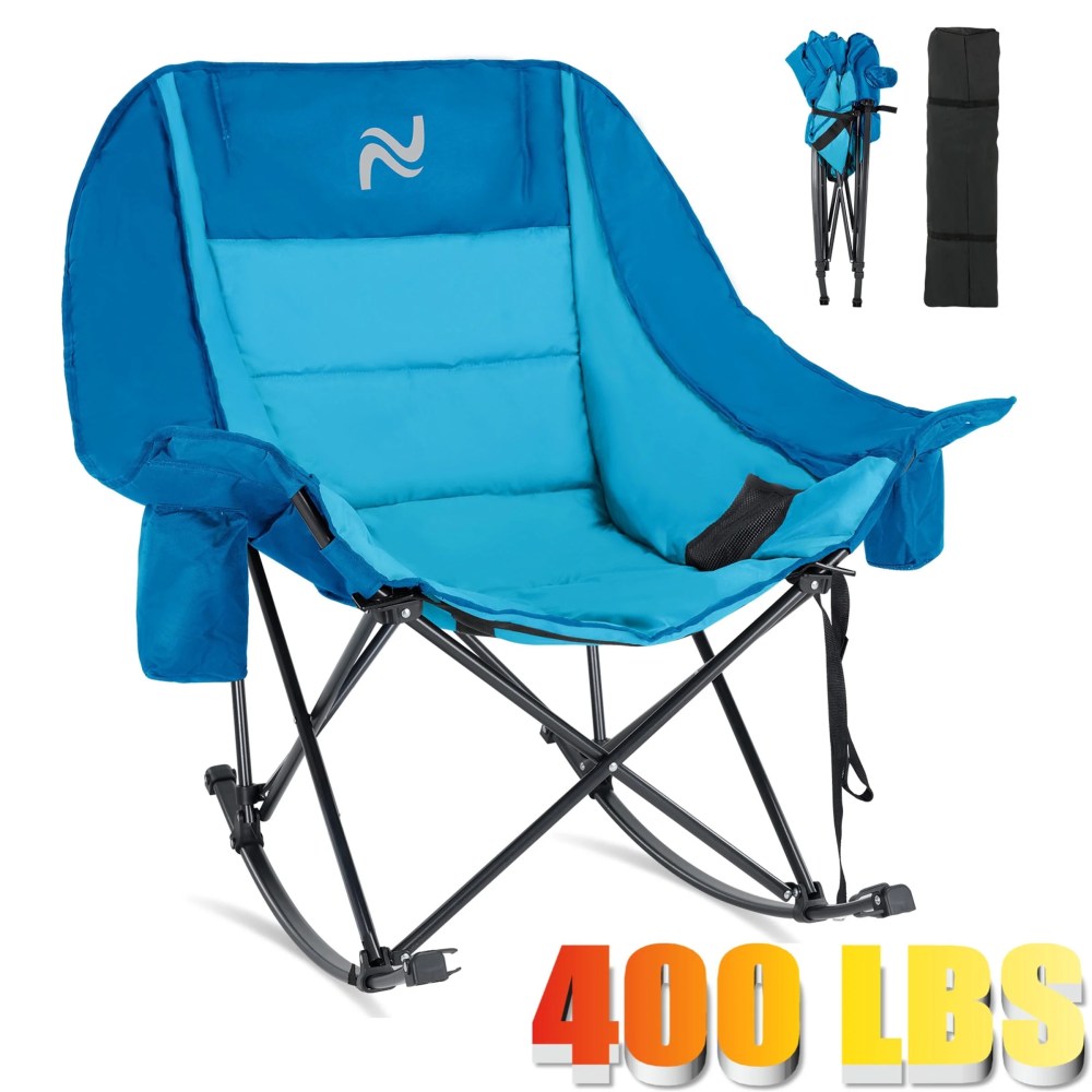 ABORON Oversized Rocking Camping Chair for Adults, Portable Folding Outdoor Rocker with Cooler Bag & Cup Holder, Fully Padded High Back Lawn Recliner for Camping, Backyard, Patio, Supports 400 LB