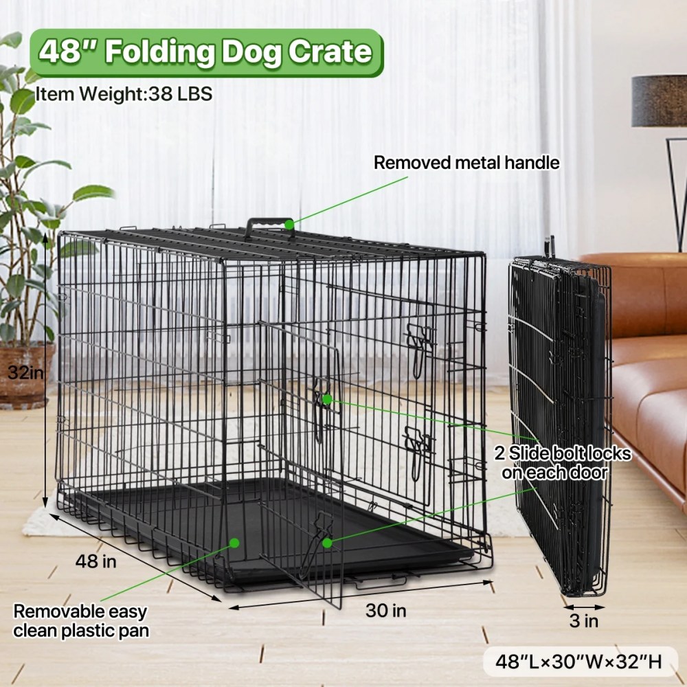 Dkelincs 48 inch Dog Crate Folding XXL Large Dog Cage Dog Kennels and Crates for Large Dogs Pet Animal Segregation Cage with Divider, Plastic Tray, Double-Door, Handle, Black - Image 7