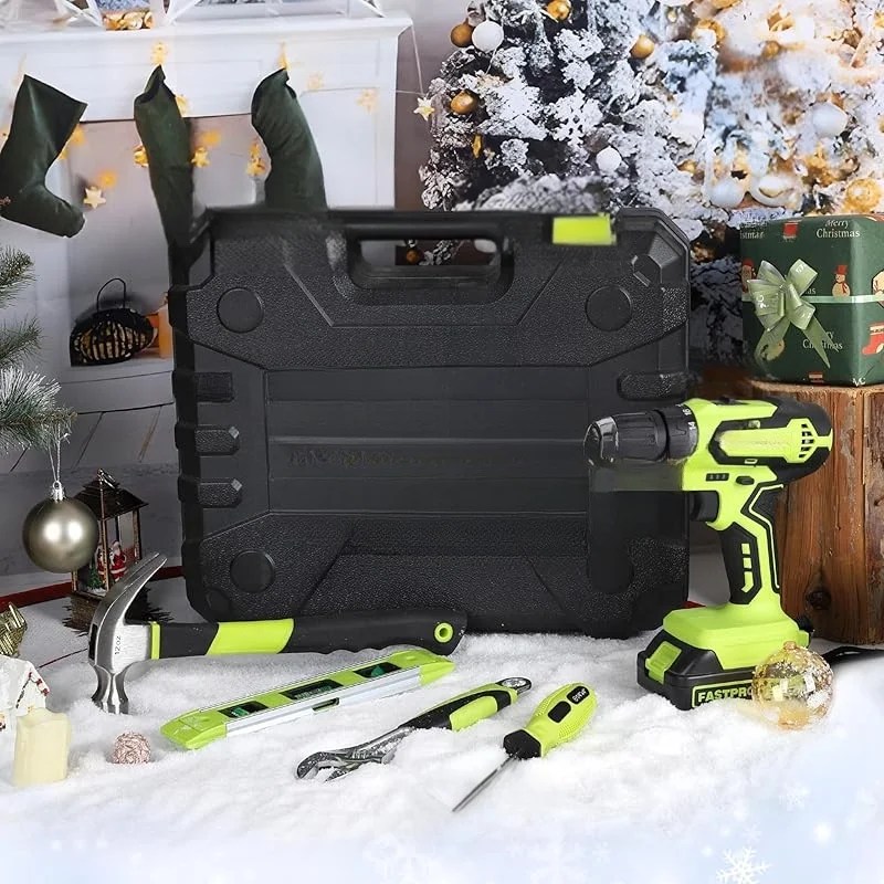 177-Piece 20V Cordless Lithium-ion Drill Driver and Home Tool Set,Household Repairing Kit with in Storage Case,Green - Image 5