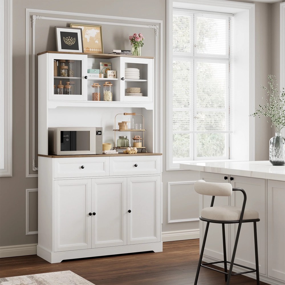Homfa 71" Kitchen Pantry Buffet Hutch,Freestanding Storage Cabinet with Countertop & Adjustable Shelves,Food Cupboard with Doors and Drawers,White