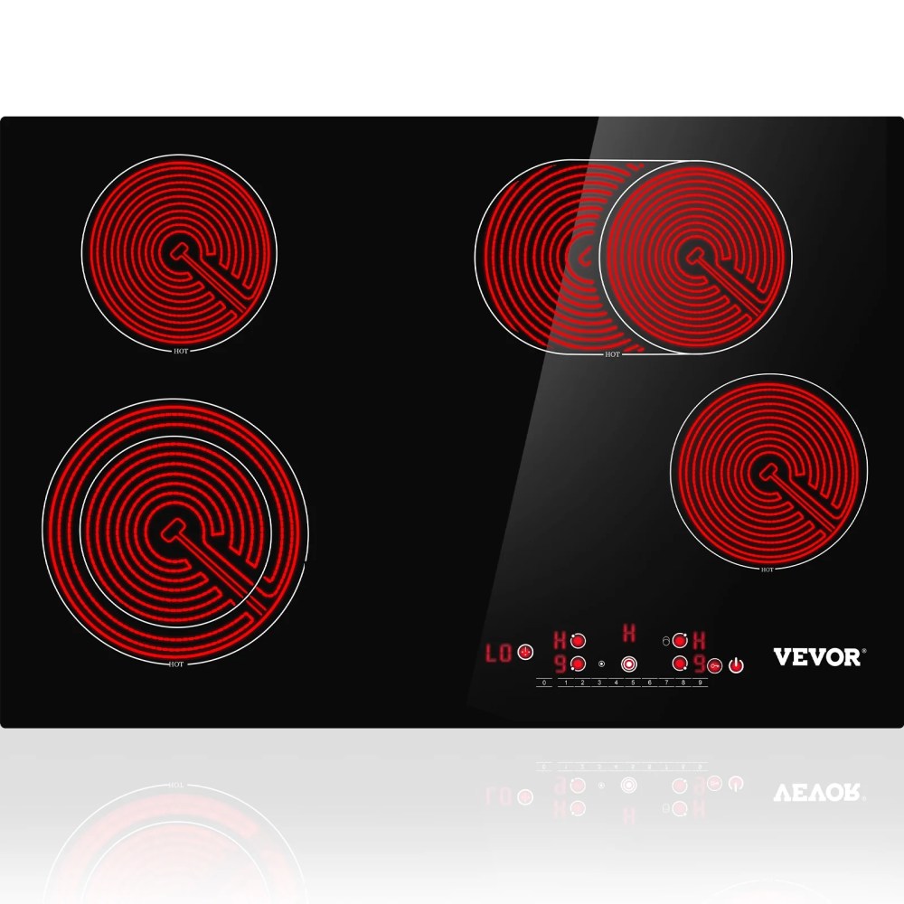 VEVOR Built in Electric Stove Top,30.3 x 20.5 inch 4 Burners,240V Ceramic Glass Radiant Cooktop with Sensor Touch Control,Timer & Child Lock Included,9 Power Levels for Simmer Steam Slow Cook Fry
