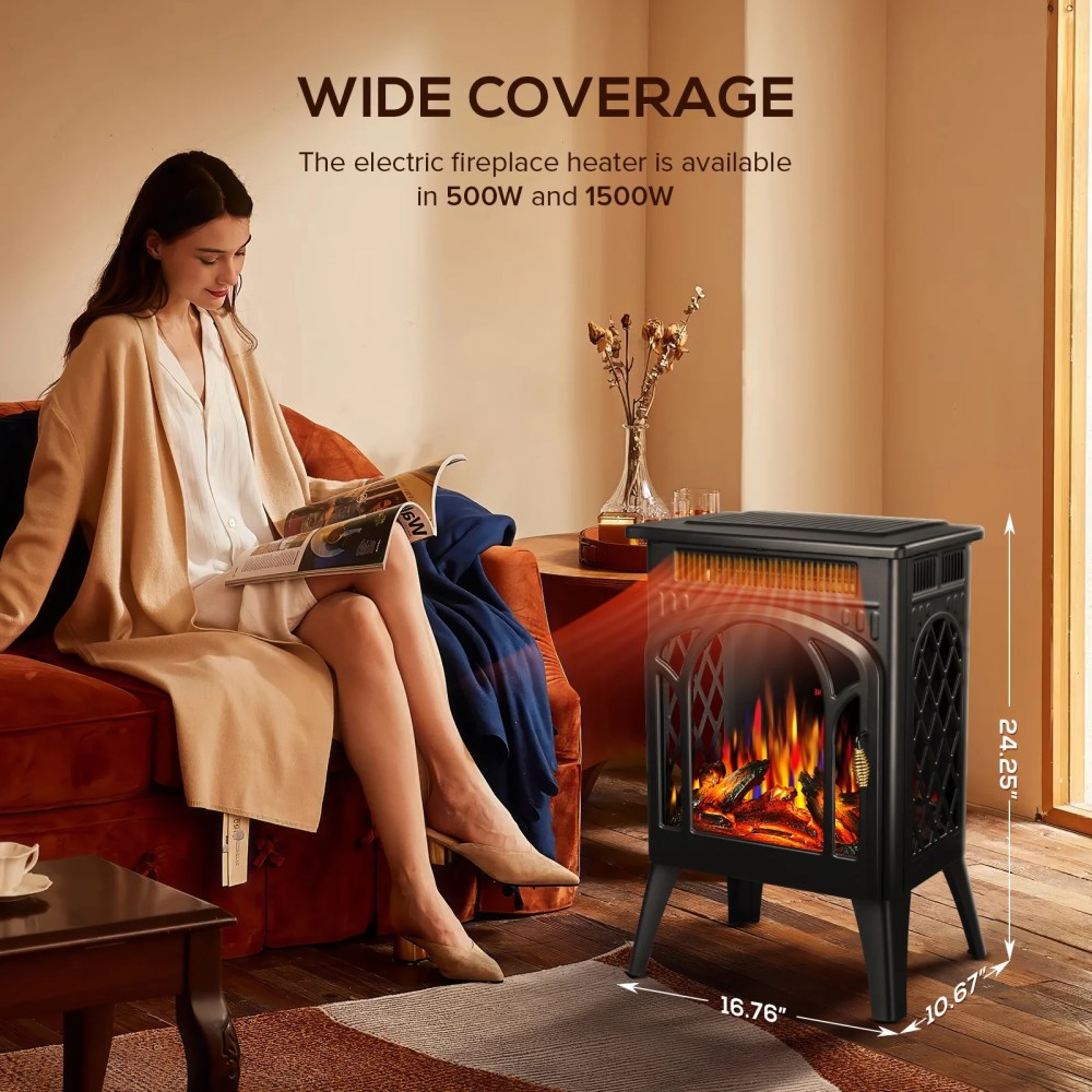 KISSAIR All-metal Electric Fireplace Heater 16",Frame Freestanding Stove,3D Flame,Remote Control,500W/1500W,Black - Image 4