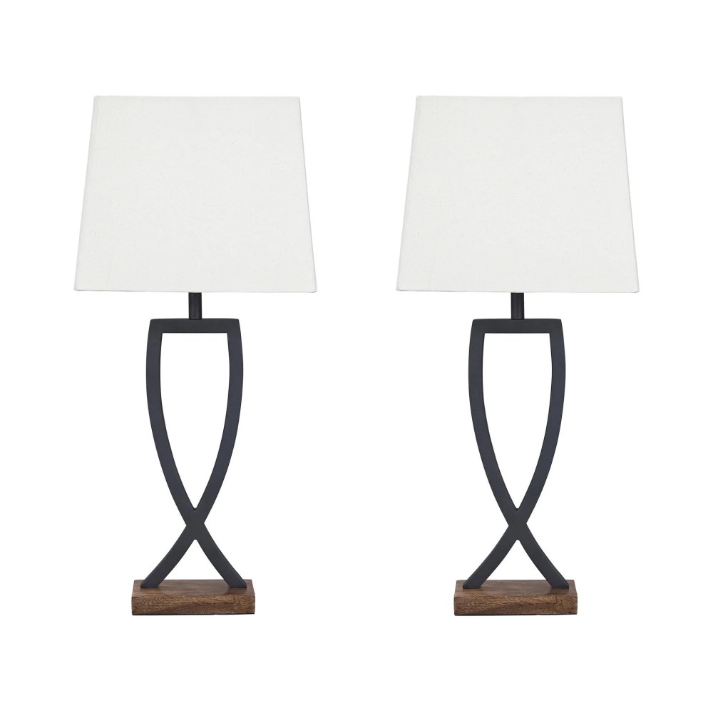 Signature Design by Ashley Makara Metal Table Lamp Set (2), Black/Brown, Modern Lamps with Wood Base and Rectangular Shade