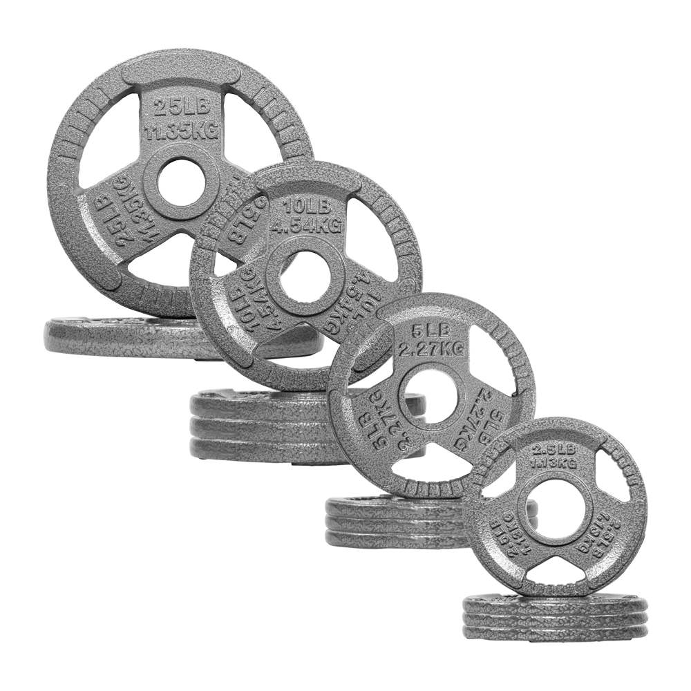 Signature Fitness 120LB Olympic Cast Iron Tri-Grip Weight Plate Set, Light Gray with Gray Lettering, 2-Inch Center Hole, Strength Training Plates for Home Gym