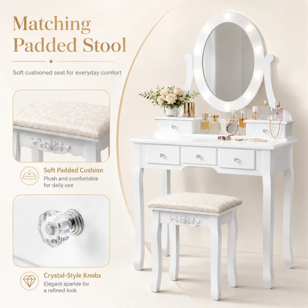 Ktaxon Vanity Table 10 LED Lights,5 Drawers Makeup Dressing Desk with Cushioned Stool Set, Bedroom Vanities Set White - Image 7