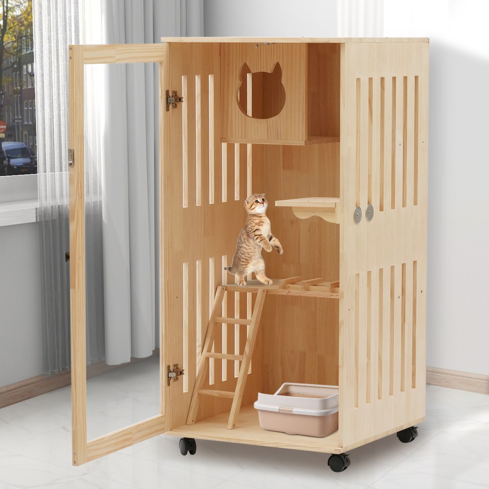 ChicHomey Large Wooden Cat House for Cats, Multi-Feature Cat Condo with Cat Scratching Posts Oversized Cat Villa on Wheels, Ventilated Design Safe Cozy Sleeping Playing Space - Image 9