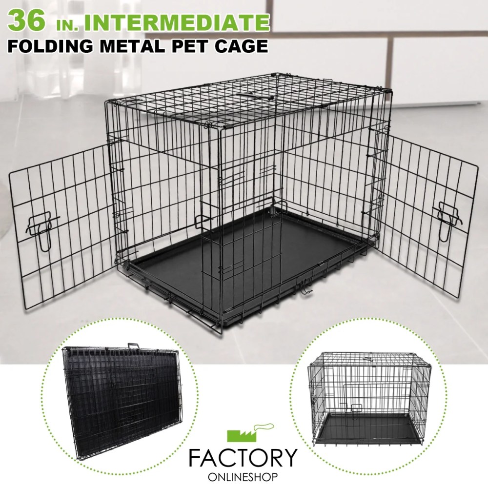 Geniqua Intermediate Black 36" 2-Dr Folding Pet Crate Cage Dog Cat Kennel Pen ABS Tray