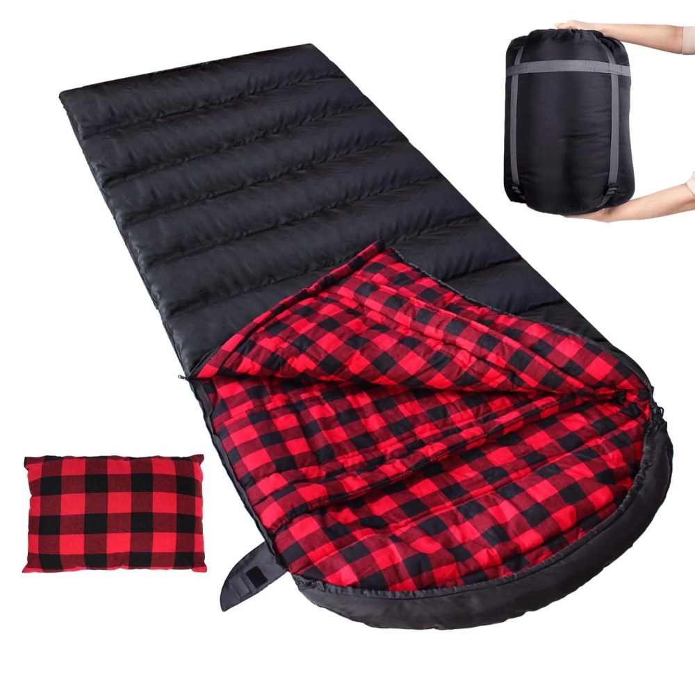 0 Degree Sleeping Bag Cotton Flannel Winter Cold Weather for Adults XXL waterproof Sleeping Bag 4 Season Big and Tall with Pillow Compression Sack (Left Zippers)