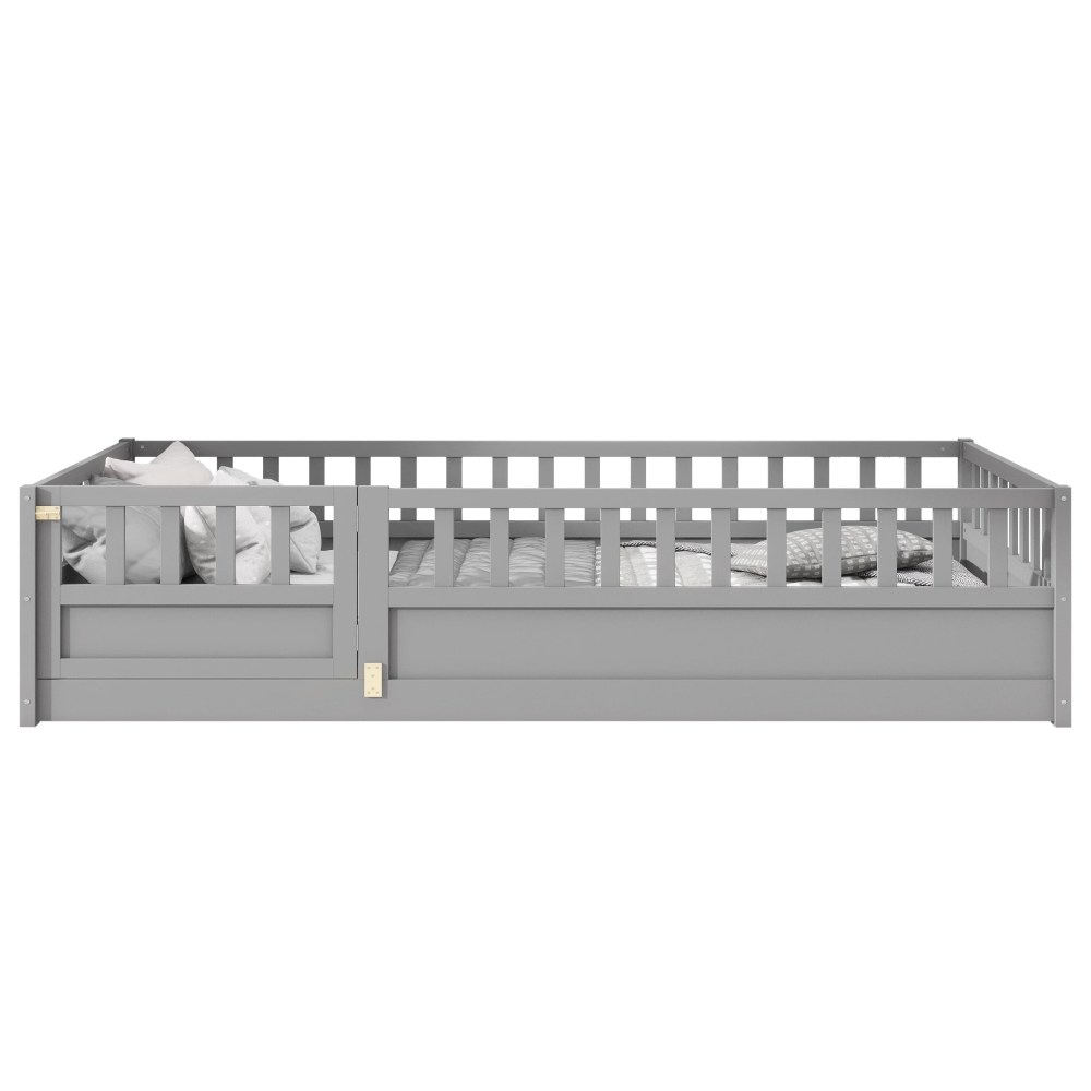 Euroco Twin Wood Floor Bed with Fence and Door, Low Wood Bed for Toddle Kids Teens, Gray - Image 4