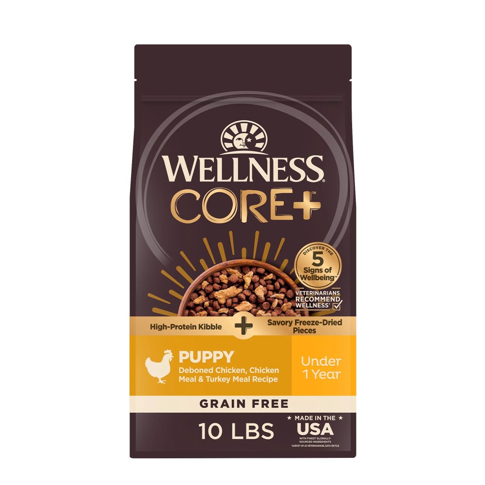 Wellness CORE Puppy Dry Dog Food with Freeze Dried Pieces,  Grain Free,  High Protein,  Natural,  Chicken & Turkey Recipe,  (10-Pound Bag)