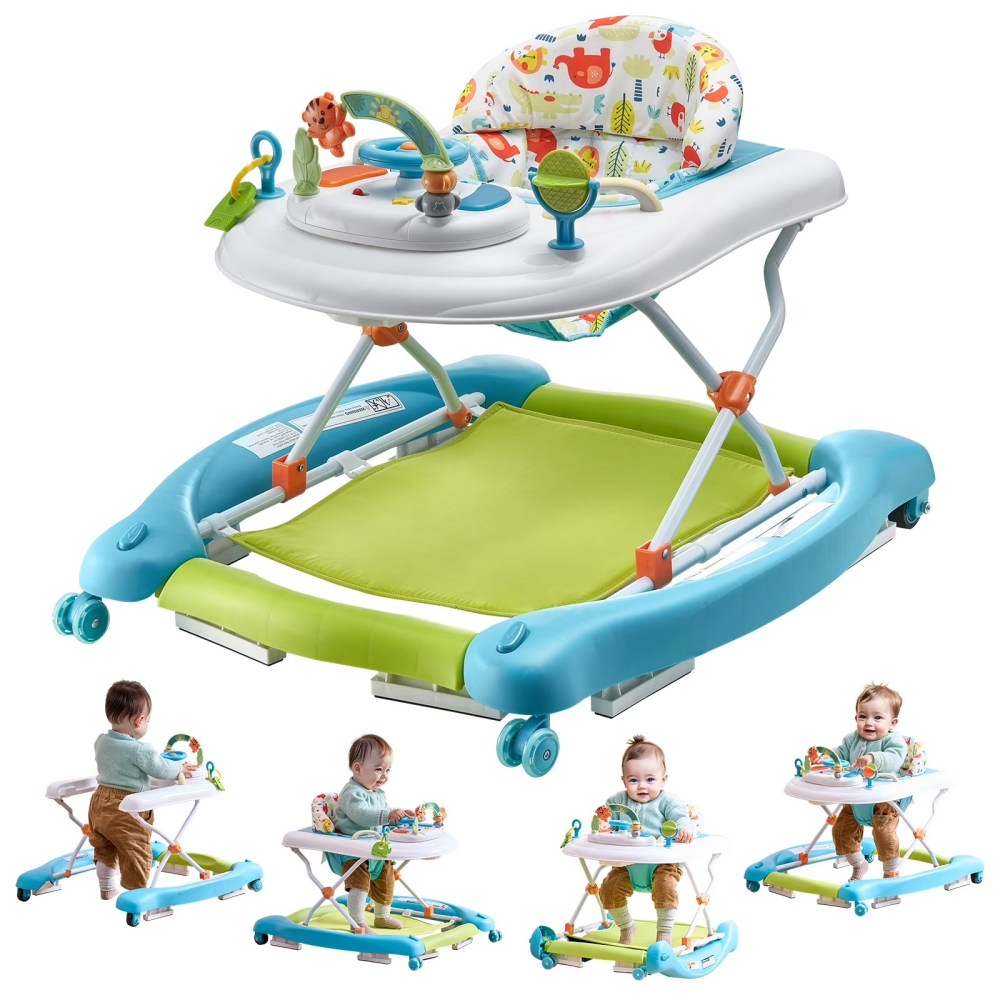 KFFKFF Baby Walker 4 in 1, Foldable Height Adjustable Baby Walker with Wheels, Infant Toddler Walker with Foot Pads, Anti-Fall Baby Walker With Music & Toys Tray for Boys and Girls 6-24 Months