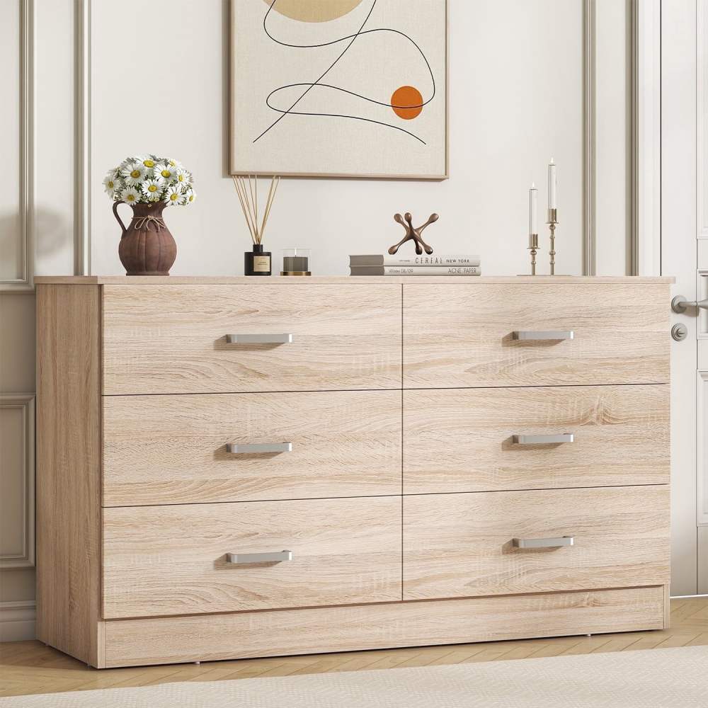 Winkalon 6 Drawer Oak Double Dresser, Wood Storage Cabinet with Easy Pull Out Handles for Living Room, Chest of Drawers for Bedroom