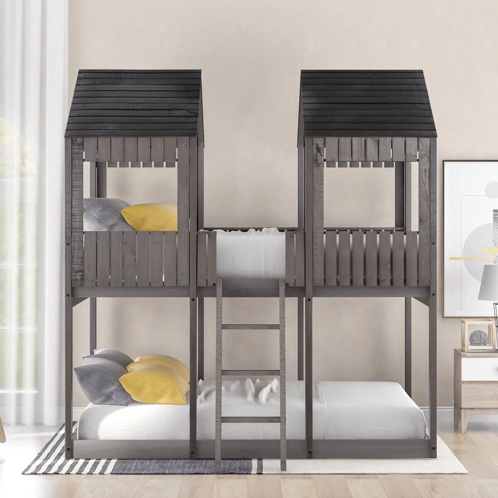 Euroco Wood Full over Full House Bunk Bed with Roof Design, Antique Gray