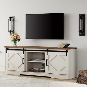 WAMPAT Farmhouse TV Stand with Sliding Barn Door for 75" TVs,Entertainment Center with Adjustable Shelf and Storage Cabinets,Media Console Table for Living Room, Hallway, Cream White