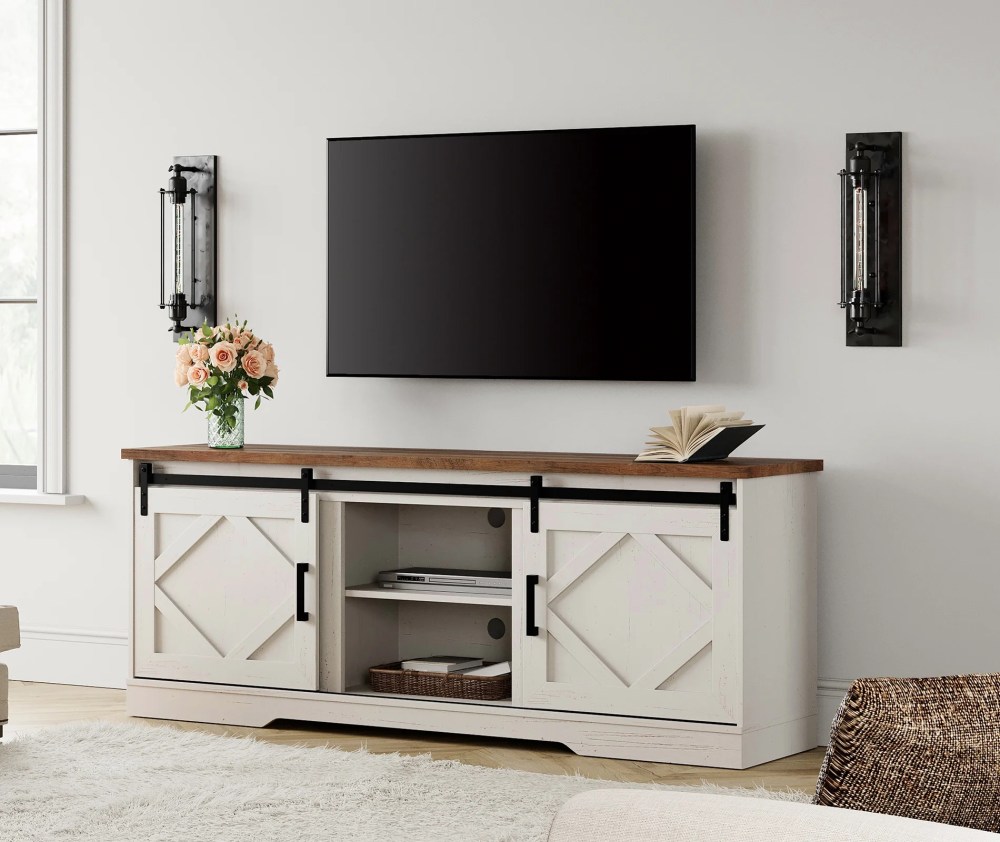 WAMPAT Farmhouse TV Stand with Sliding Barn Door for 75" TVs,Entertainment Center with Adjustable Shelf and Storage Cabinets,Media Console Table for Living Room, Hallway, Cream White