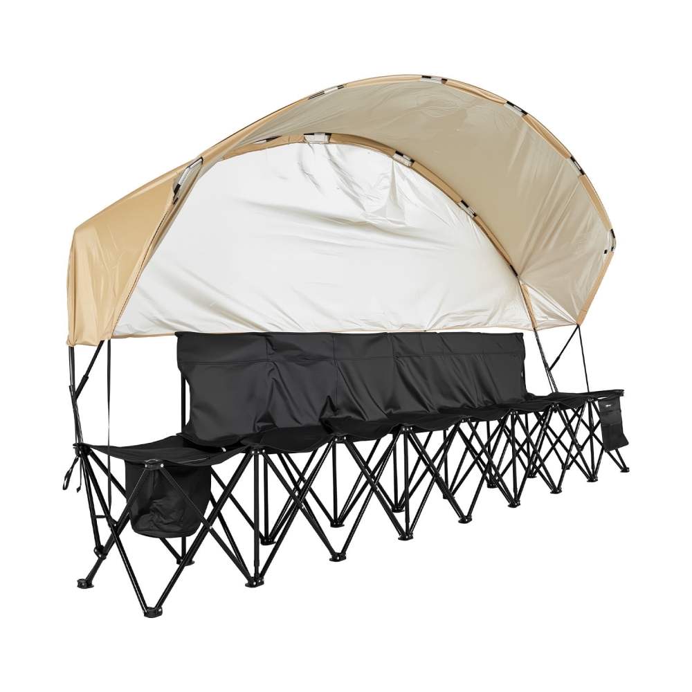 VEVOR Portable Folding Bench, 6 Seat Soccer Bench with Storage Pockets Cup Holders & Carrying Bag, Lightweight Sideline Seating with Sunshade for Football, Baseball, Camping, Outdoor Events, Bla