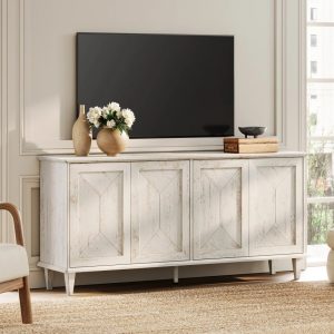 WAMPAT Handcrafted Patchwork Console Table for 55-75 inch TVs, 65-inch Modern Farmhouse TV Stand Entertainment Center with Cable Management & Adjustable Storage Shelves,Pale Oak