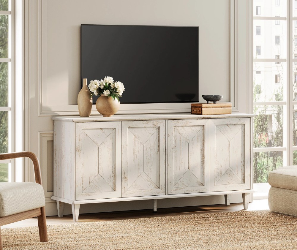 WAMPAT Handcrafted Patchwork Console Table for 55-75 inch TVs, 65-inch Modern Farmhouse TV Stand Entertainment Center with Cable Management & Adjustable Storage Shelves,Pale Oak