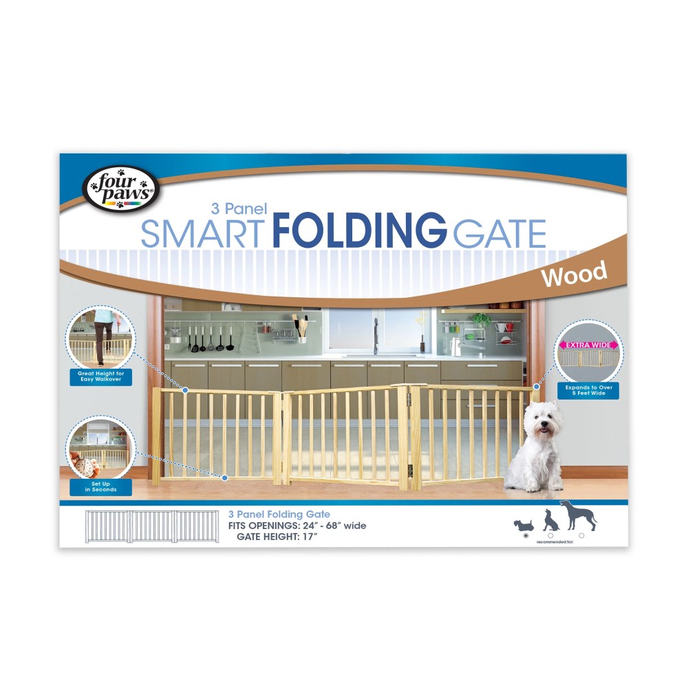 Four Paws Expandable Dog Gate, Wood Gate for Dogs, 3-Panel 24-68" W x 17" H