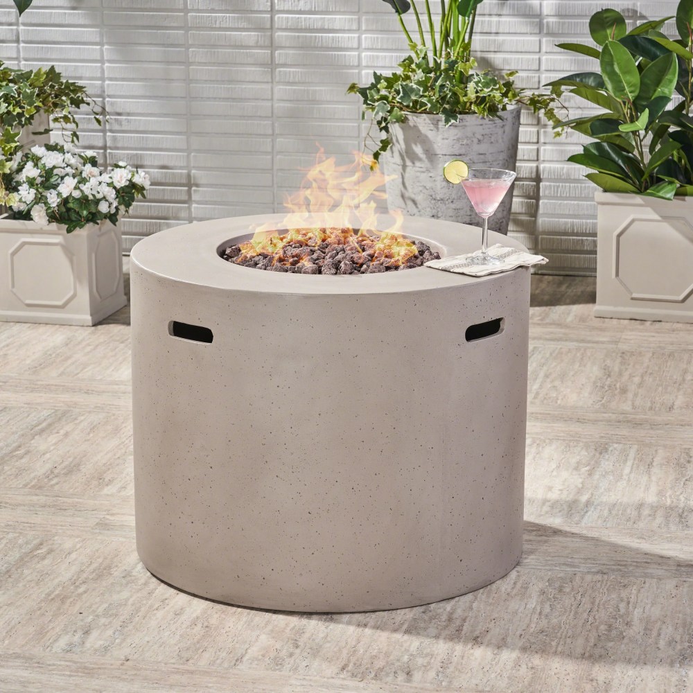 Alison Outdoor 31" Light Weight Concrete Round Gas Burning Fire Pit, Light Gray