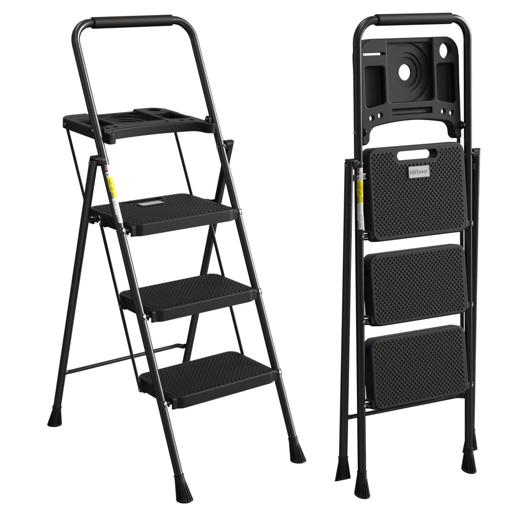 Jocauto 3 Step Ladder,Folding Step Stool with Tool Tray,Wide Anti-Slip Pedal and Anti-Slip Feet,330lbs Capacity Steel Ladder for Home Office,Black