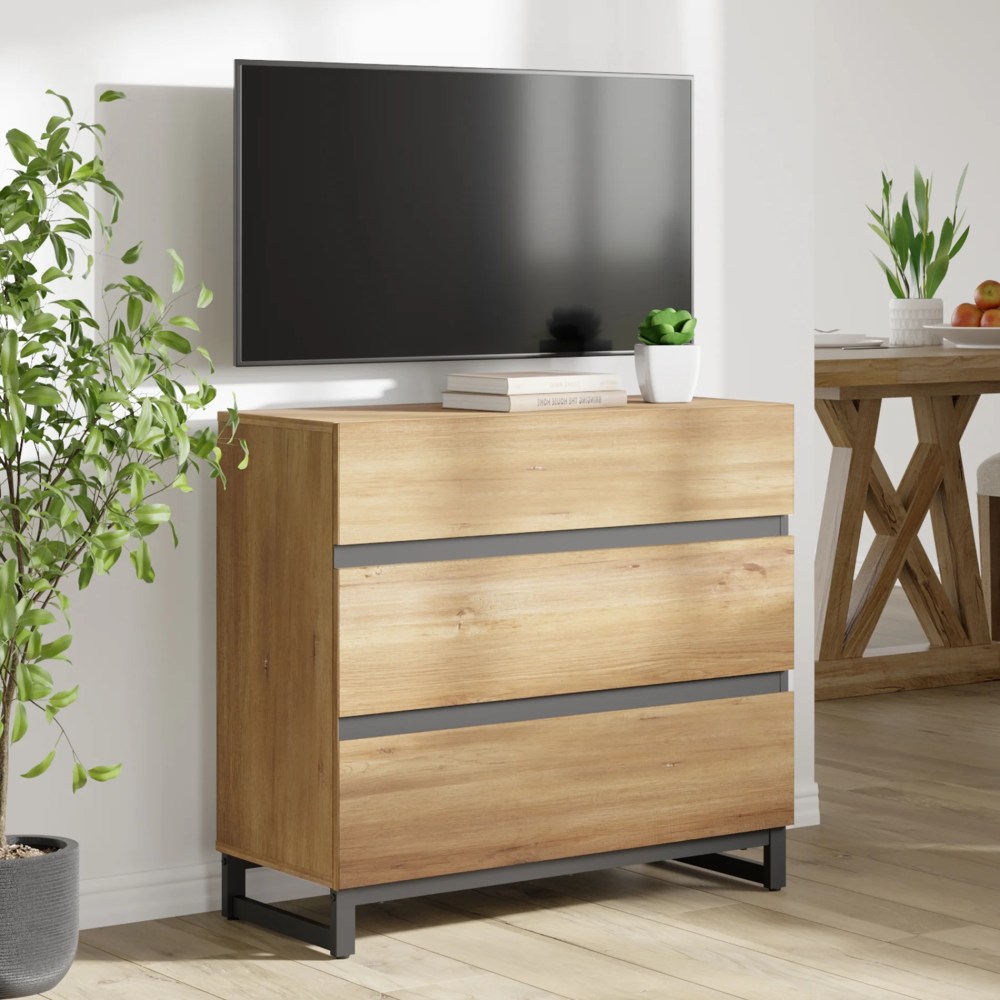 WAMPAT Modern TV Stand Fits up to 40" TV,Entertainment Center with 3 Drawers and Sturdy Metal Base,Media Console for Living Room & Bedroom,Oak