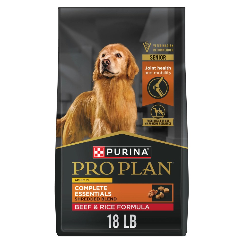 Purina Pro Plan Adult 7 Plus Complete Essentials Shredded Blend Beef and Rice Formula High Protein Dog Food for Senior Dogs,  18 lb Bag