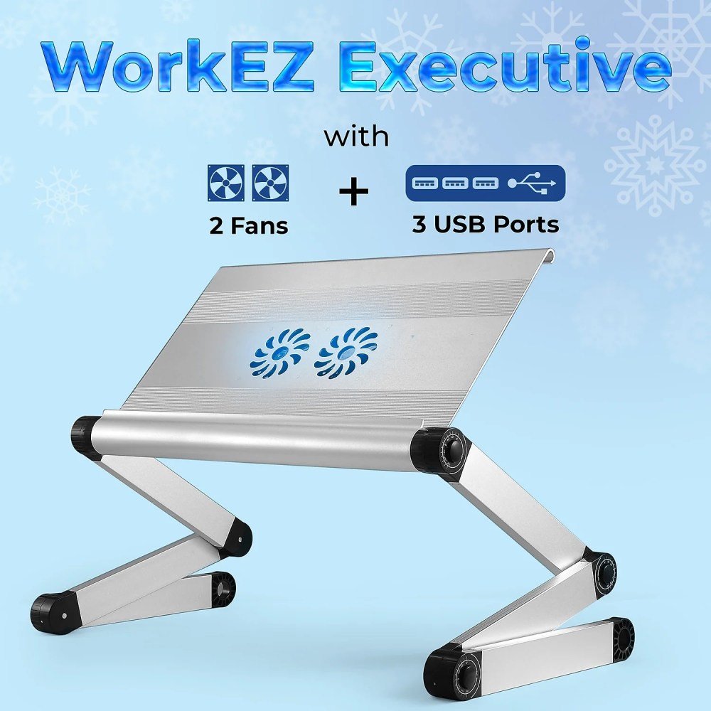 Adjustable Laptop Cooling Stand with Dual Fans & USB Ports-WorkEZ Executive Foldable Aluminum Laptop Desk for Bed, Couch & Office, Ergonomic Riser for Laptops up to 17" - Image 9