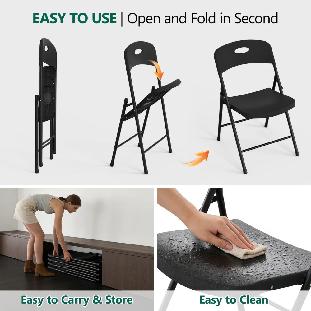 WASUHE Resin Folding Chair Set of 6,Reinforced Metal Frame Stackable Plastic Folding Chairs for Wedding,Party,Restaurant & Meeting Room,Black Upgraded - Image 6