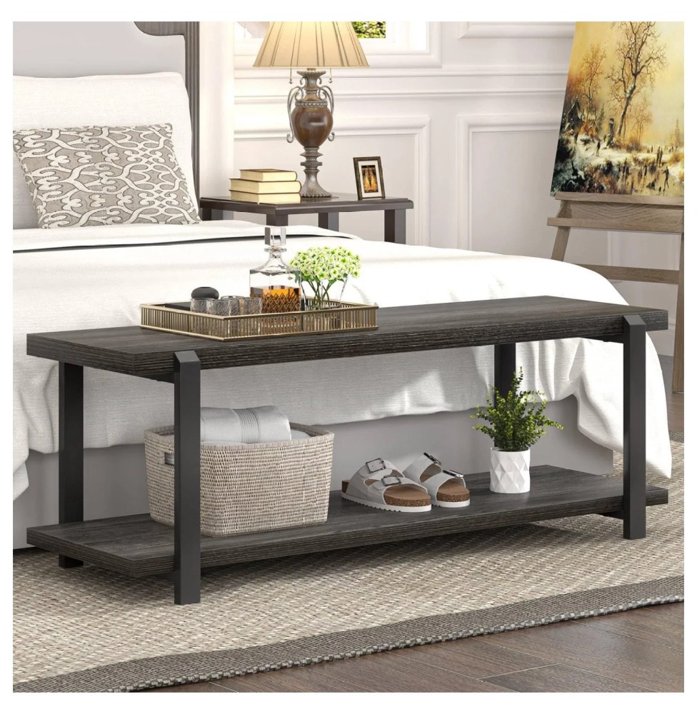 47 Inch Shoe Rack,Rustic Wood & Metal Entryway Bench,Vintage Shoe Storage for Hallway,Dark Gray - Image 6