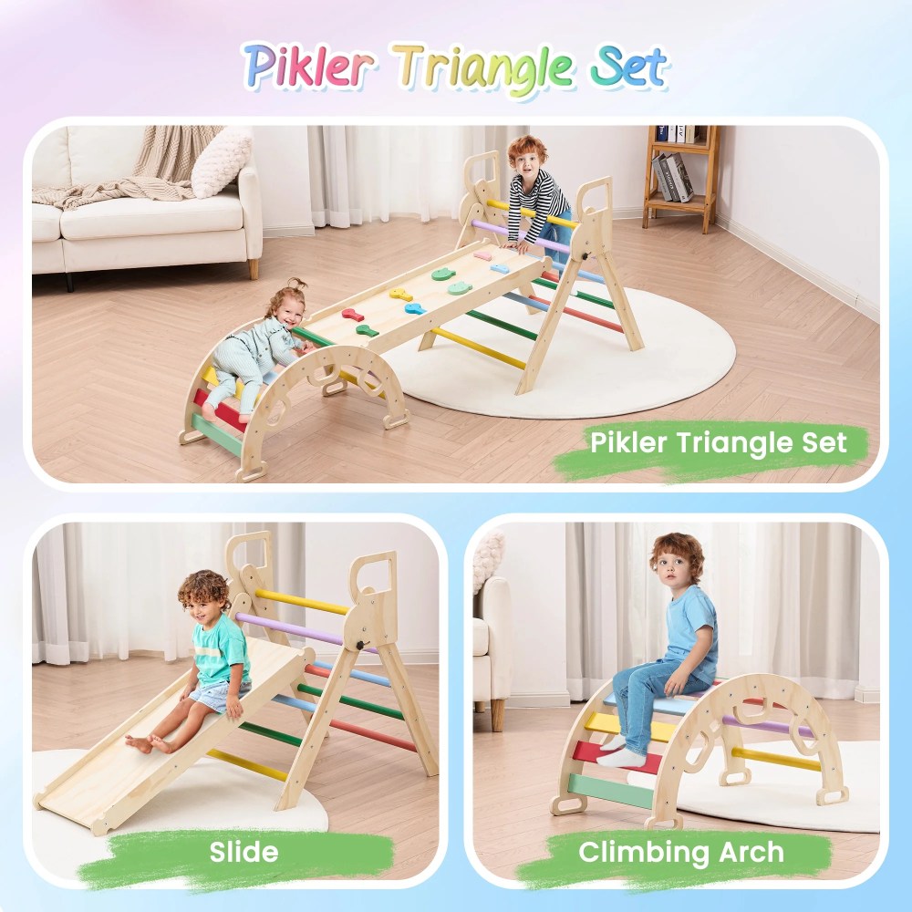 Naipo Pikler Triangle Set, Climbing Frame 8 in 1 Toddler, Wooden Climbing Indoor Kids Playground, Jungle Gym Play Set for Toddler, Baby, 3-Piece Rainbow - Image 7