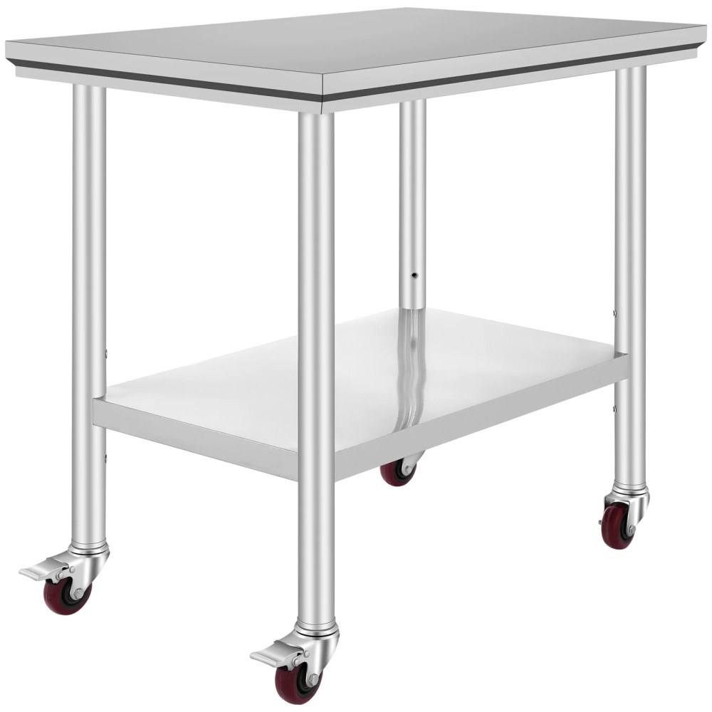 KFFKFF Commercial Work Food Prep Table,36"x24" Stainless Steel Rolling Kitchen Cart with 4 Caster Wheels , Heavy Duty Worktable Adjustable Undershelf