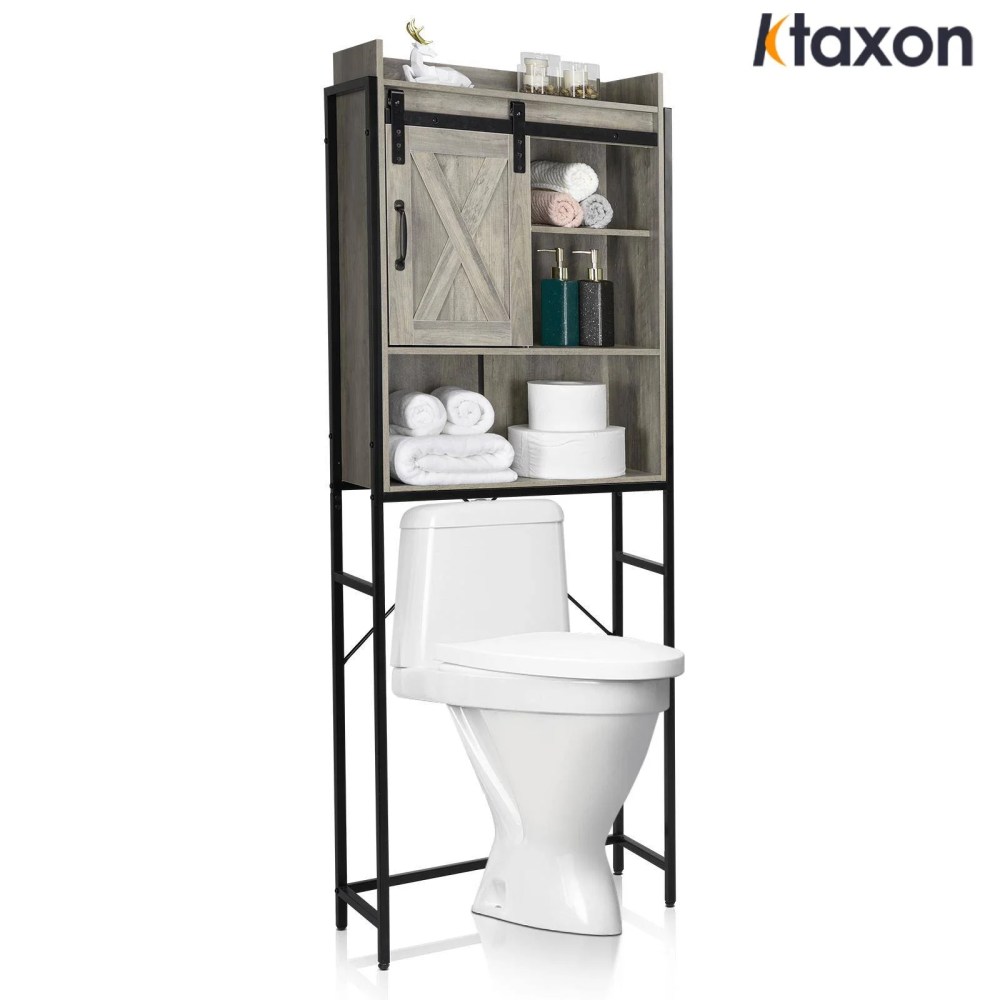 Ktaxon 3-Shelf Over The Toilet Bathroom Storage Cabinet and Shelf with Sliding Barn Door,Retro Gray