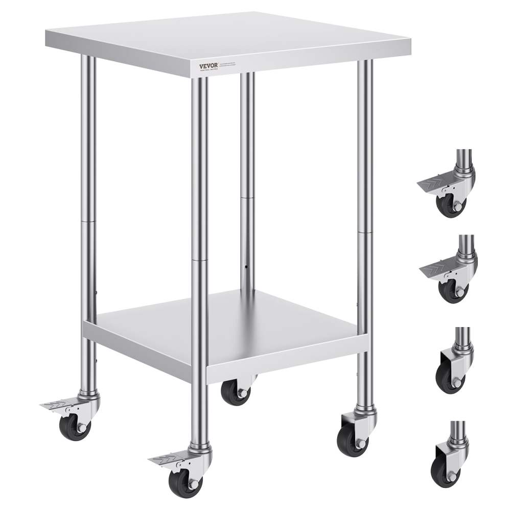 VEVOR Stainless Steel Work Table 24 x 24 x 38 Inch,700 LBS Load Capacity with 4 Wheels,3 Adjustable Height Levels,Heavy Duty Food Prep Worktable for Commercial Kitchen Restaurant,Silver