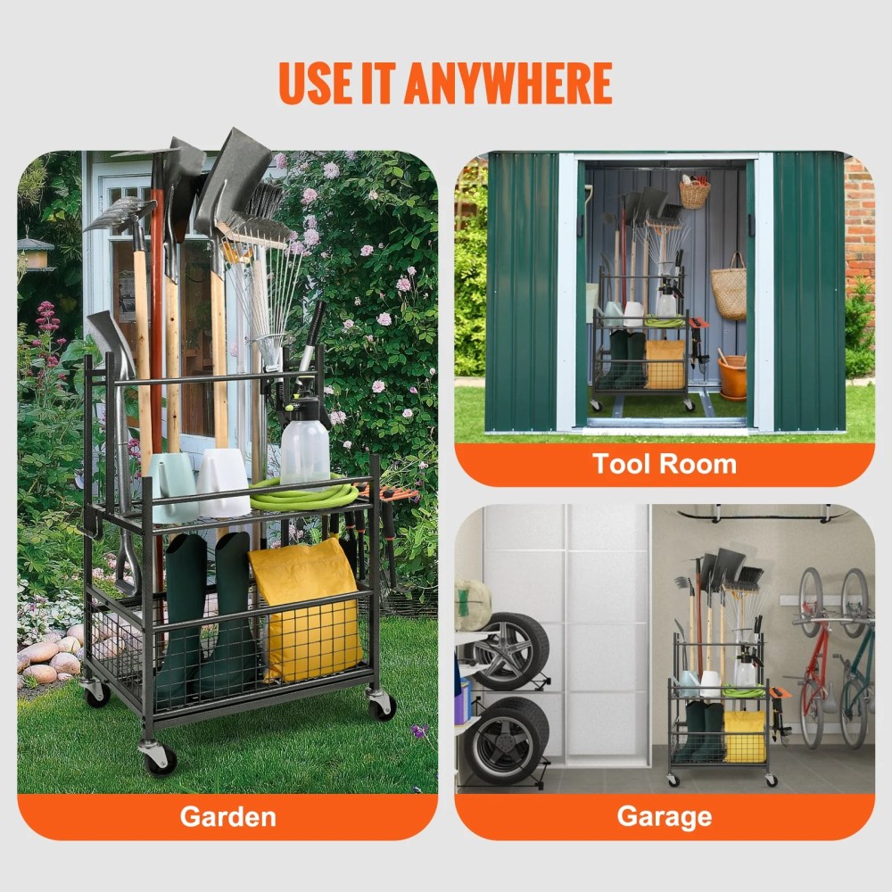 KFFKFF Garden Tool Storage Rack with Wheels Garage Organizer 16 Slots with Hooks - Image 4