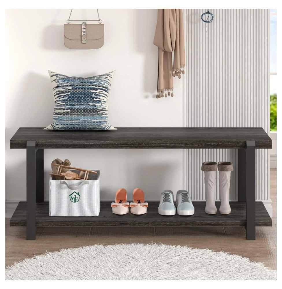 47 Inch Shoe Rack,Rustic Wood & Metal Entryway Bench,Vintage Shoe Storage for Hallway,Dark Gray - Image 2