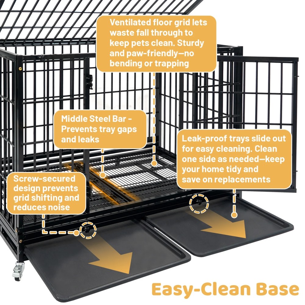 Homey Pet 47 Inch Stackable Heavy Duty Dog Crate, Indestructible Escape Proof Cage for High Anxiety Large Dogs, XL Dog Kennel Indoor with Auto Locks, No-Noise Grid, Dual Trays, 360'Wheels, Top Acces - Image 8
