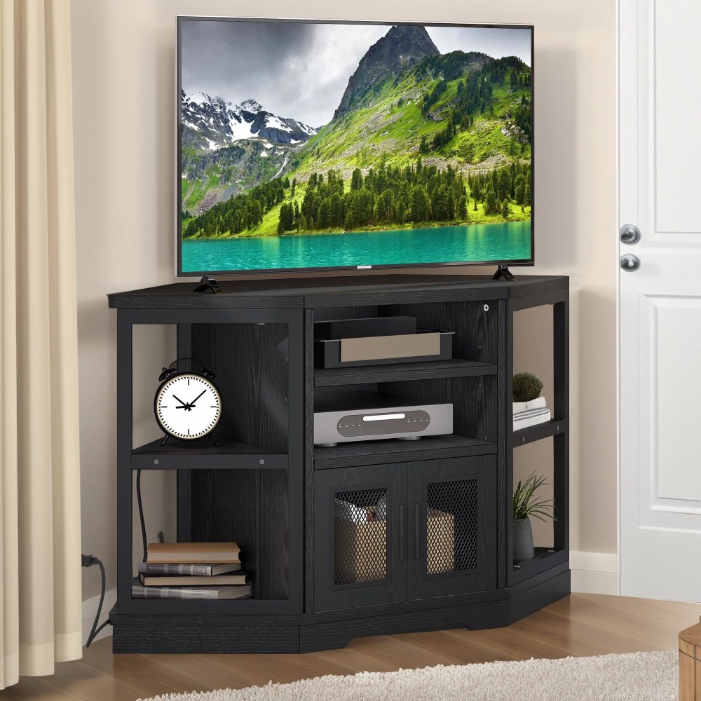 Wooflex Black Entertainment Center,55" TV,Modern Farmhouse,Adjustable Shelves,Freestanding