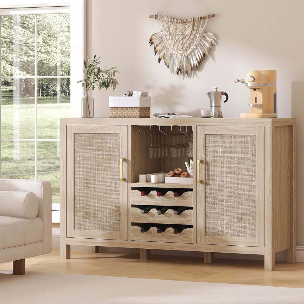 Winkalon Coffee Bar Cabinet,47.2" Rattan Sideboard Buffet Cabinet with Storage,Boho Farmhouse Liquor Cabinet with Wine Racks for Living Dining Room Kitchen,Natural