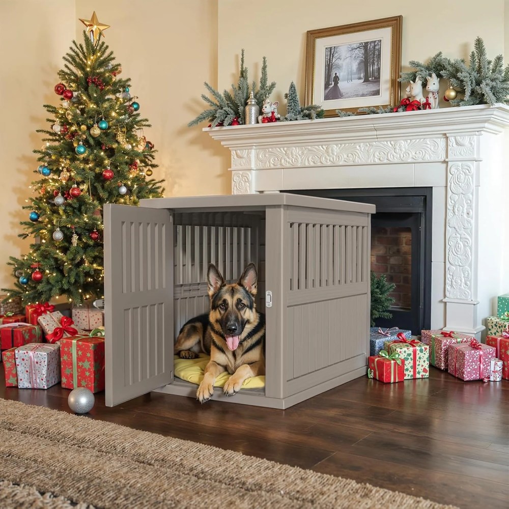 30x21x25in Heavy-Duty Resin Dog Crate for Large Dogs-Weatherproof, Ventilated, Lockable Door Indoor/Outdoor Portable Kennel (Light Coffee) - Image 3