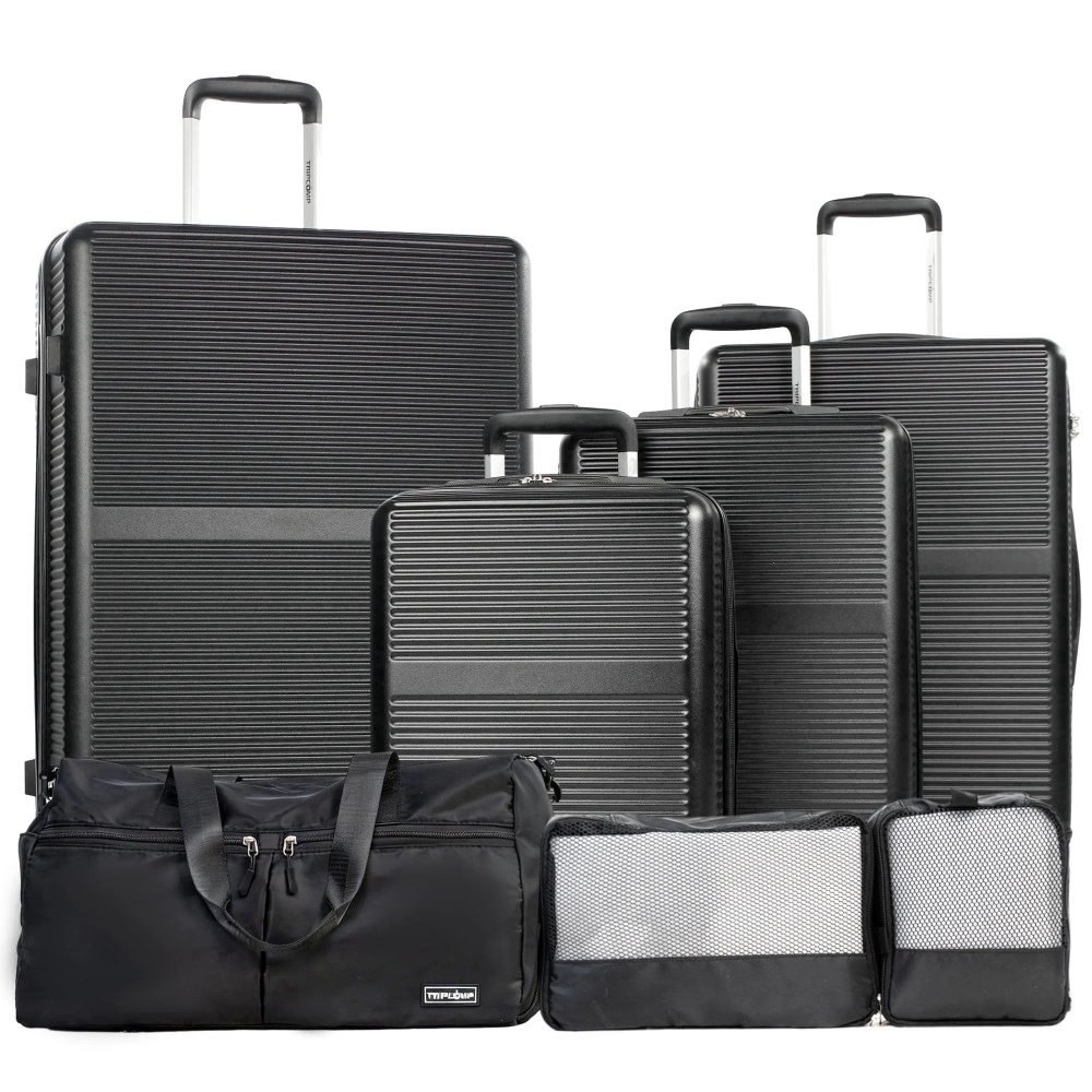 Tripcomp 7-Piece Hardside Luggage Set,Lightweight Suitcase with Spinner Wheels,TSA Lock and Travel Bag, Black
