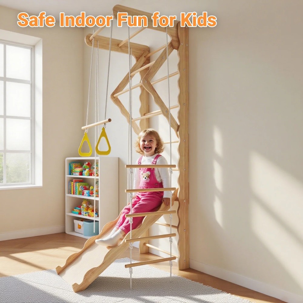MulinsonFly 5-in-1 Swedish Ladder Wall Set-Montessori Indoor Jungle Gym for Kids 3-8, Wooden Climbing Toy with Pull-up Bar, Swing & Slide, 330lbs Capacity - Image 5