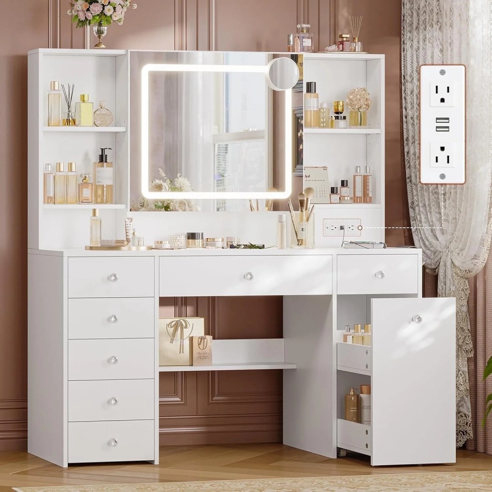 47.2" Large Vanity Desk with Mirror and Lights, Power Outlet, 7 Drawers, Pull-Out LED Mirror with 3 Light Modes, Brightness Adjustable, Rolling Makeup cart, Crystal Handles,hairdryer Rack, White