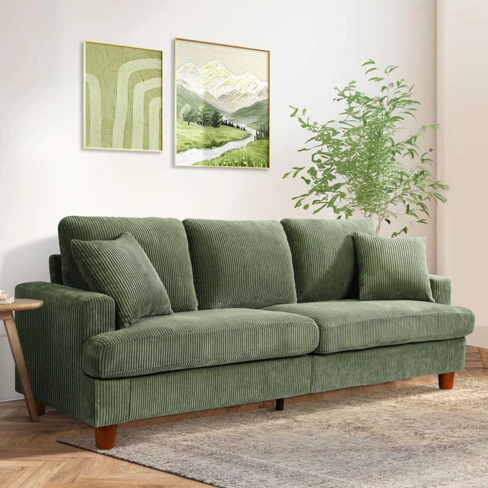 87" Corduroy Sofa, 3 Seater Sofa with Extra Deep Seats, Neche Comfy Upholstered Couch for Living Room, 2 Pillows, Green