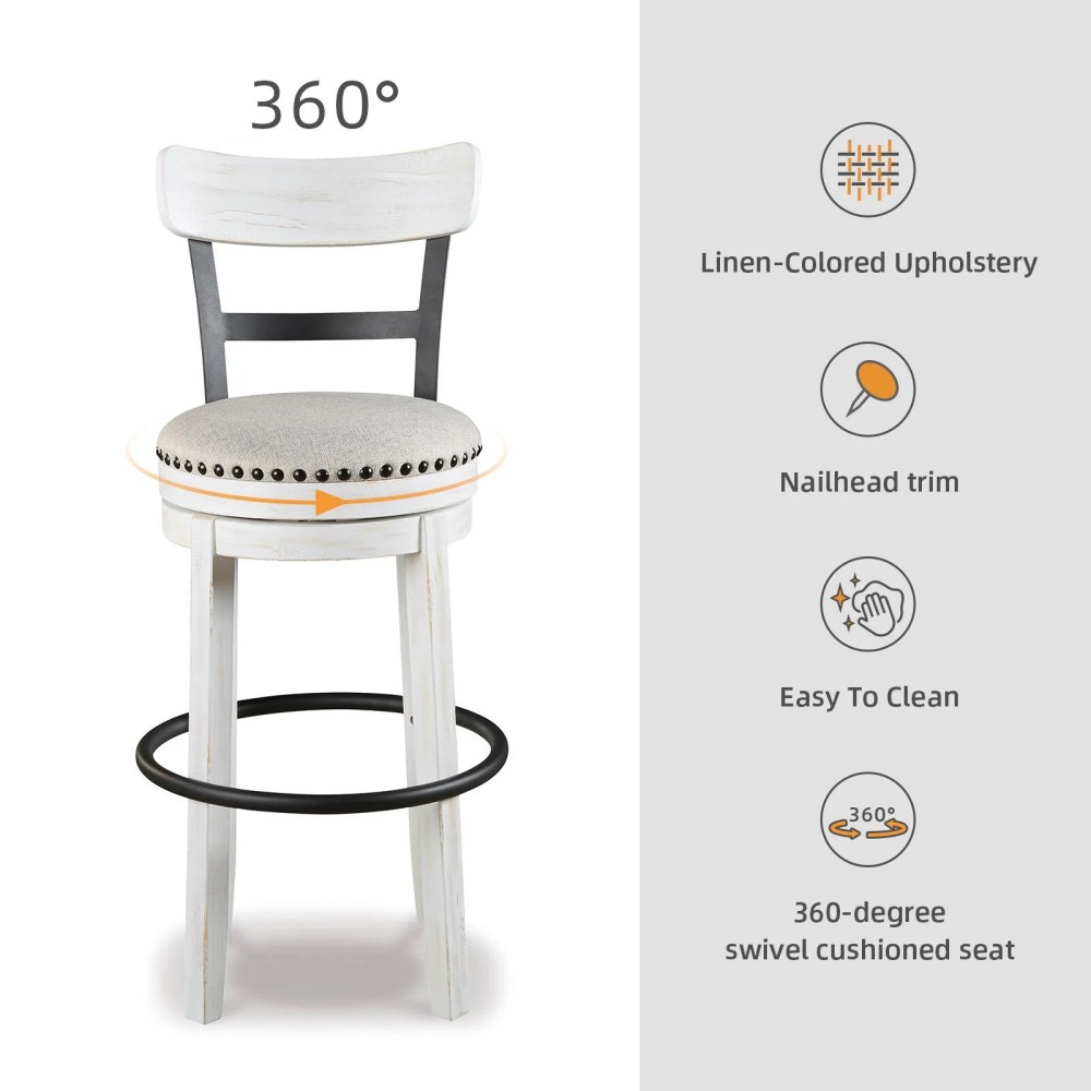 Signature Design by Ashley Valebeck Swivel Bar Stool, White, Upholstered Pub Height Chair with Linen Fabric Seat and 360-Degree Swivel - Image 11